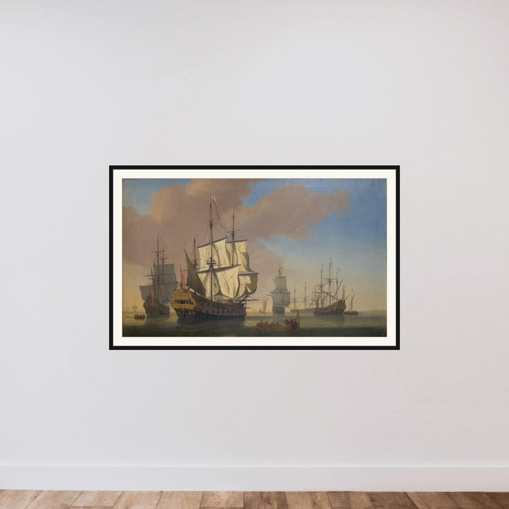 Engelske orlogsskibe på en rhed i stille vejr framed — shown to scale