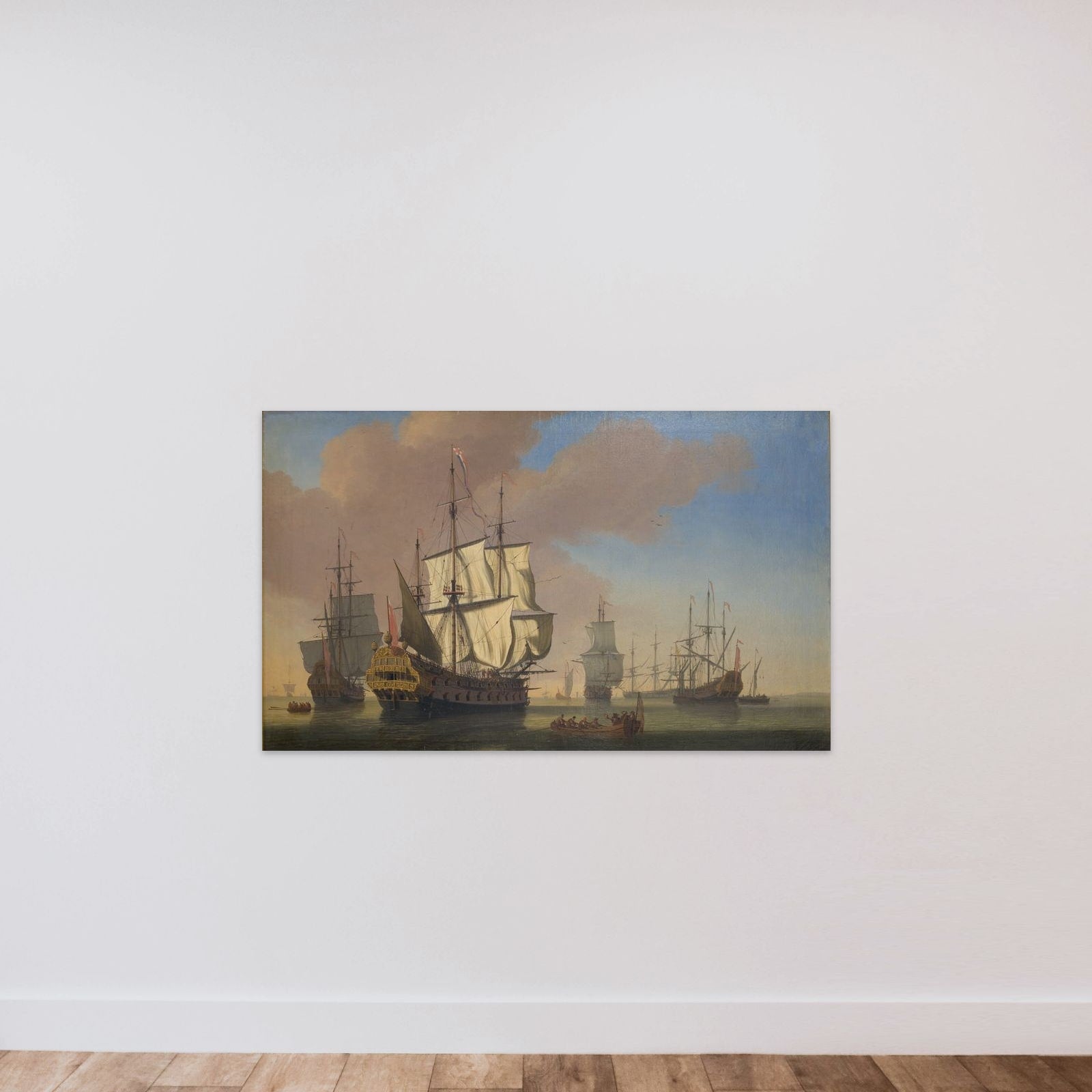 Engelske orlogsskibe på en rhed i stille vejr unframed — shown to scale