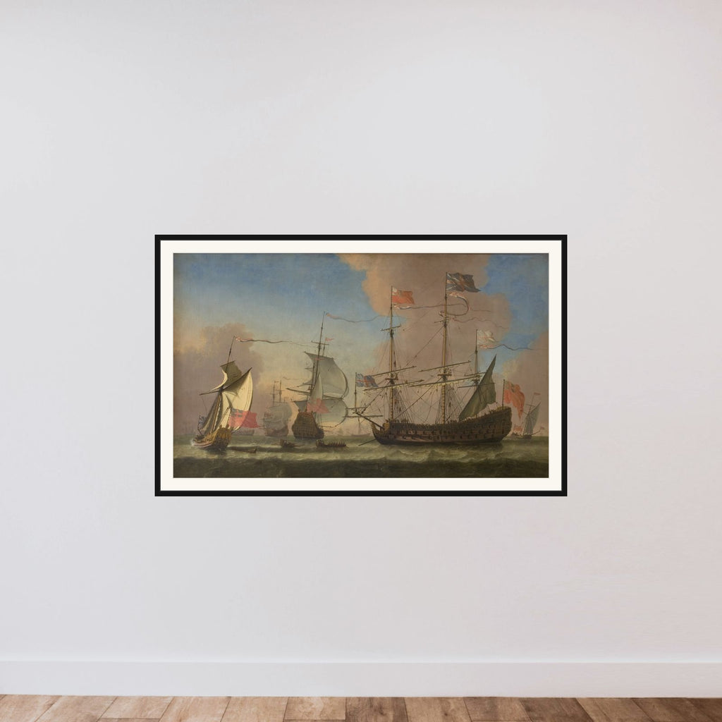 Engelske orlogsskibe på søen i frisk kuling framed — shown to scale