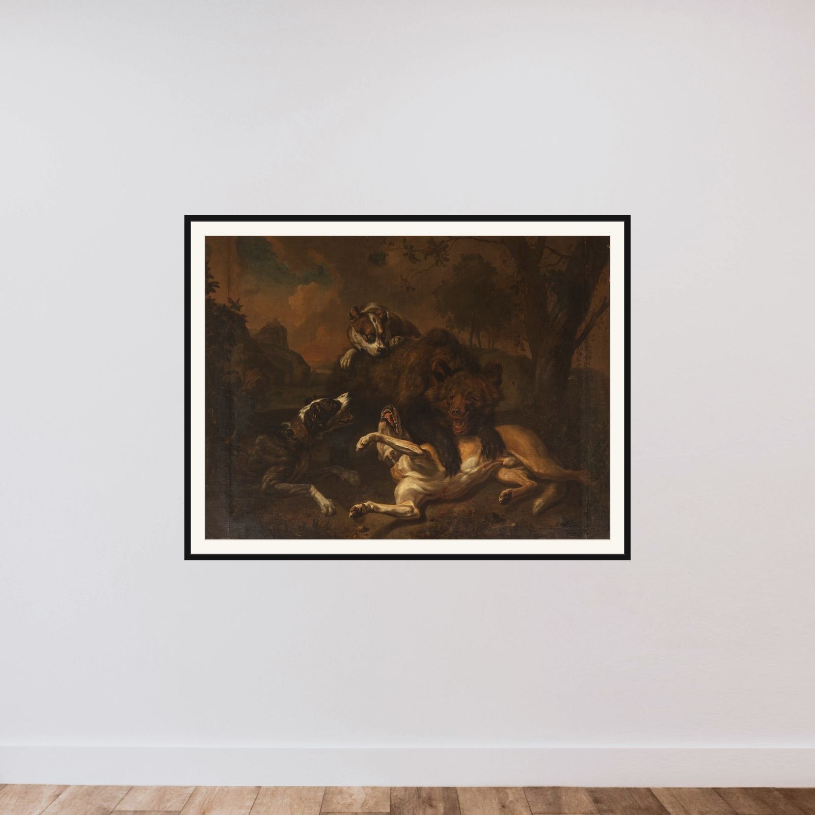 Kamp mellem en bjørn og hunde i et landskab framed — shown to scale