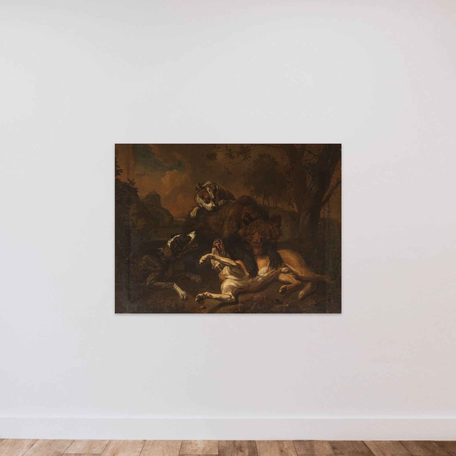 Kamp mellem en bjørn og hunde i et landskab unframed — shown to scale