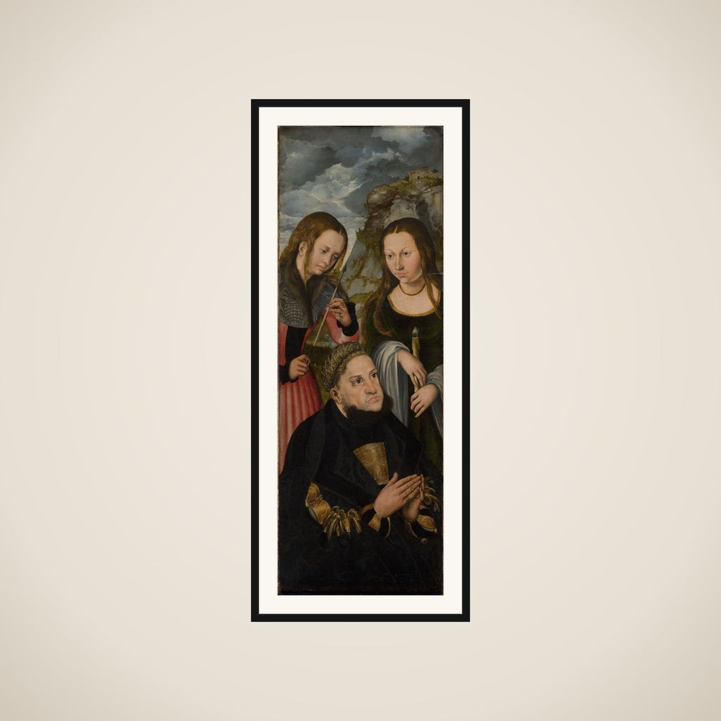 Kurfyrst Frederik den Vise af Sachsen (1463-1525) med helgeninderne Ursula (tv.) og Genoveva (th.) framed