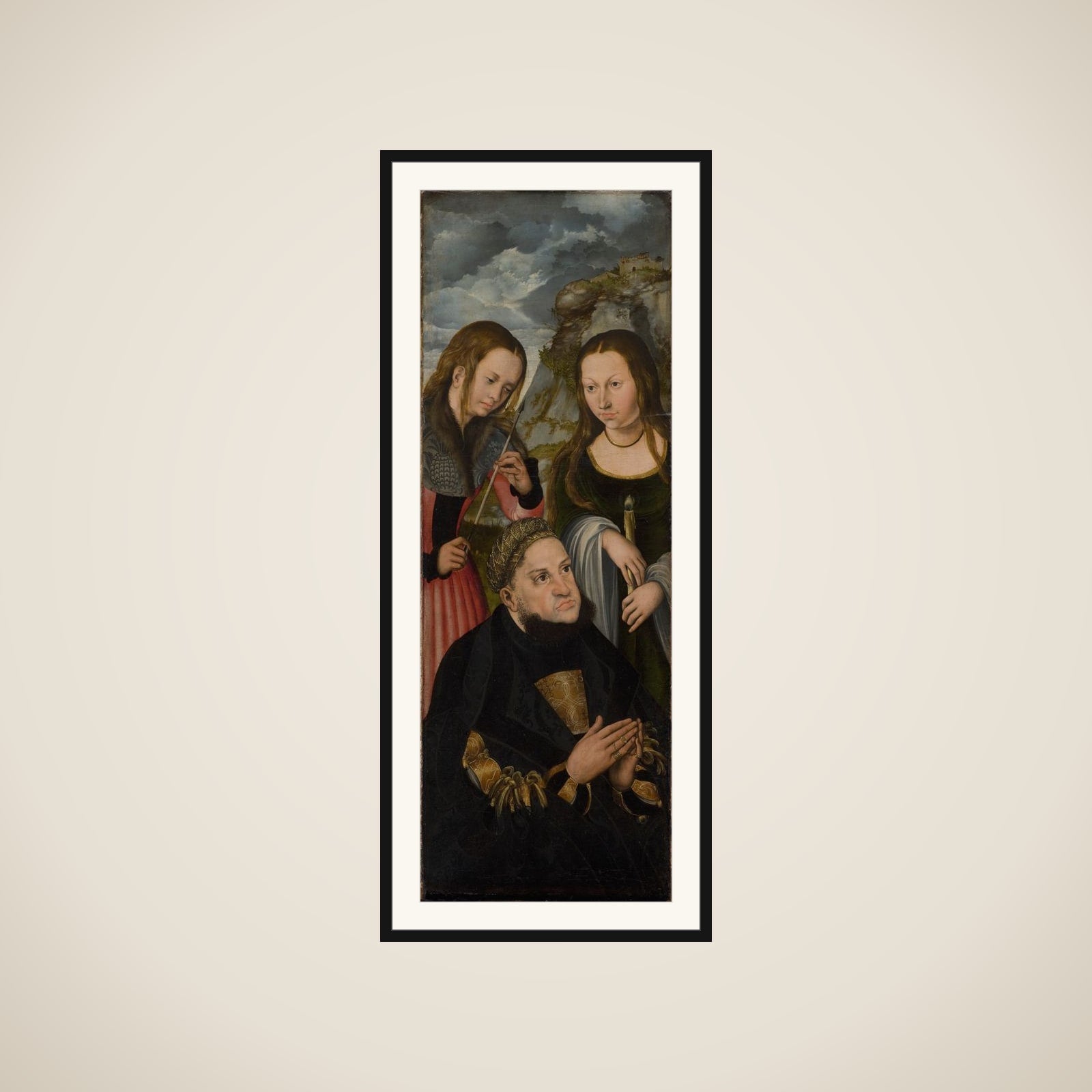 Kurfyrst Frederik den Vise af Sachsen (1463-1525) med helgeninderne Ursula (tv.) og Genoveva (th.) framed