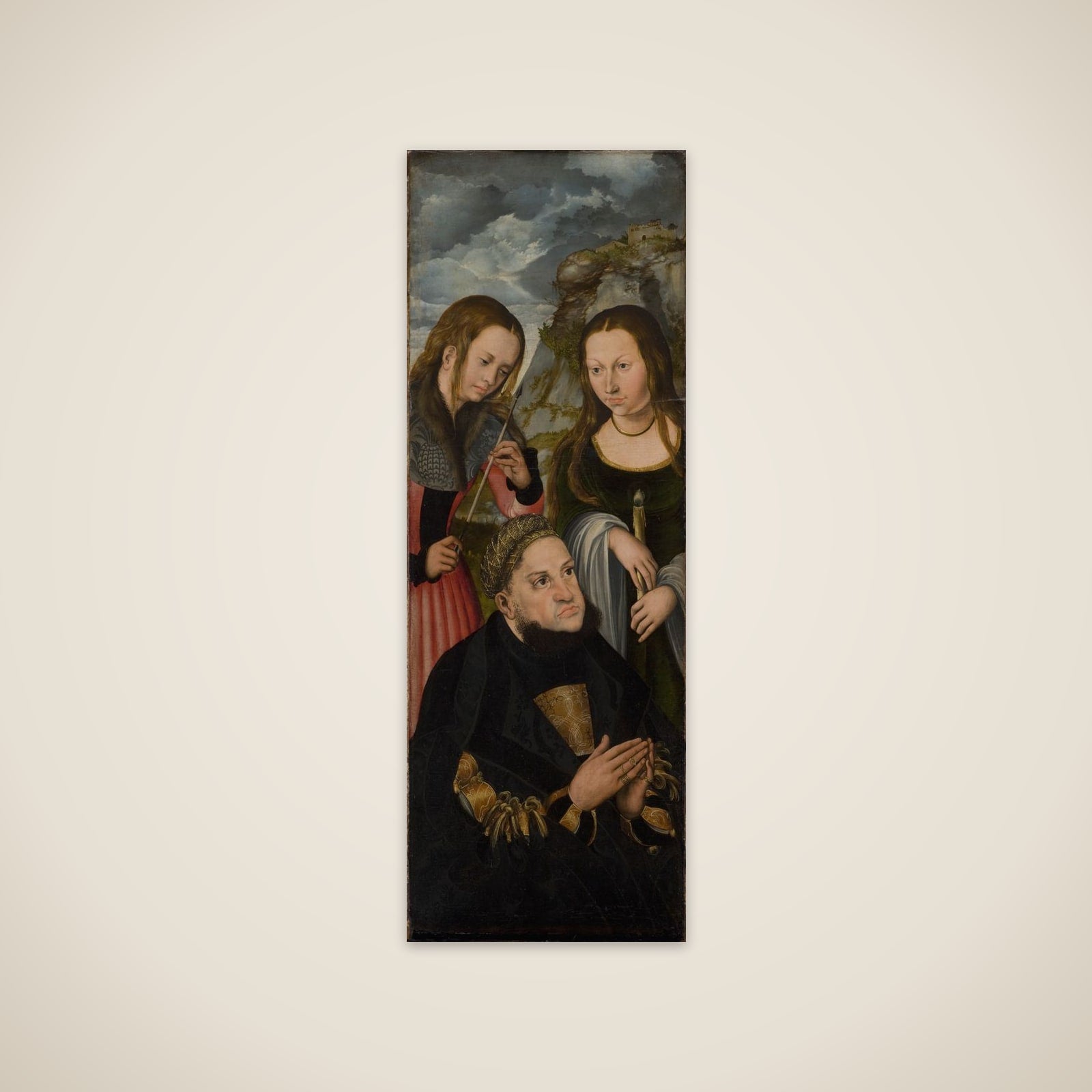 Kurfyrst Frederik den Vise af Sachsen (1463-1525) med helgeninderne Ursula (tv.) og Genoveva (th.) unframed print