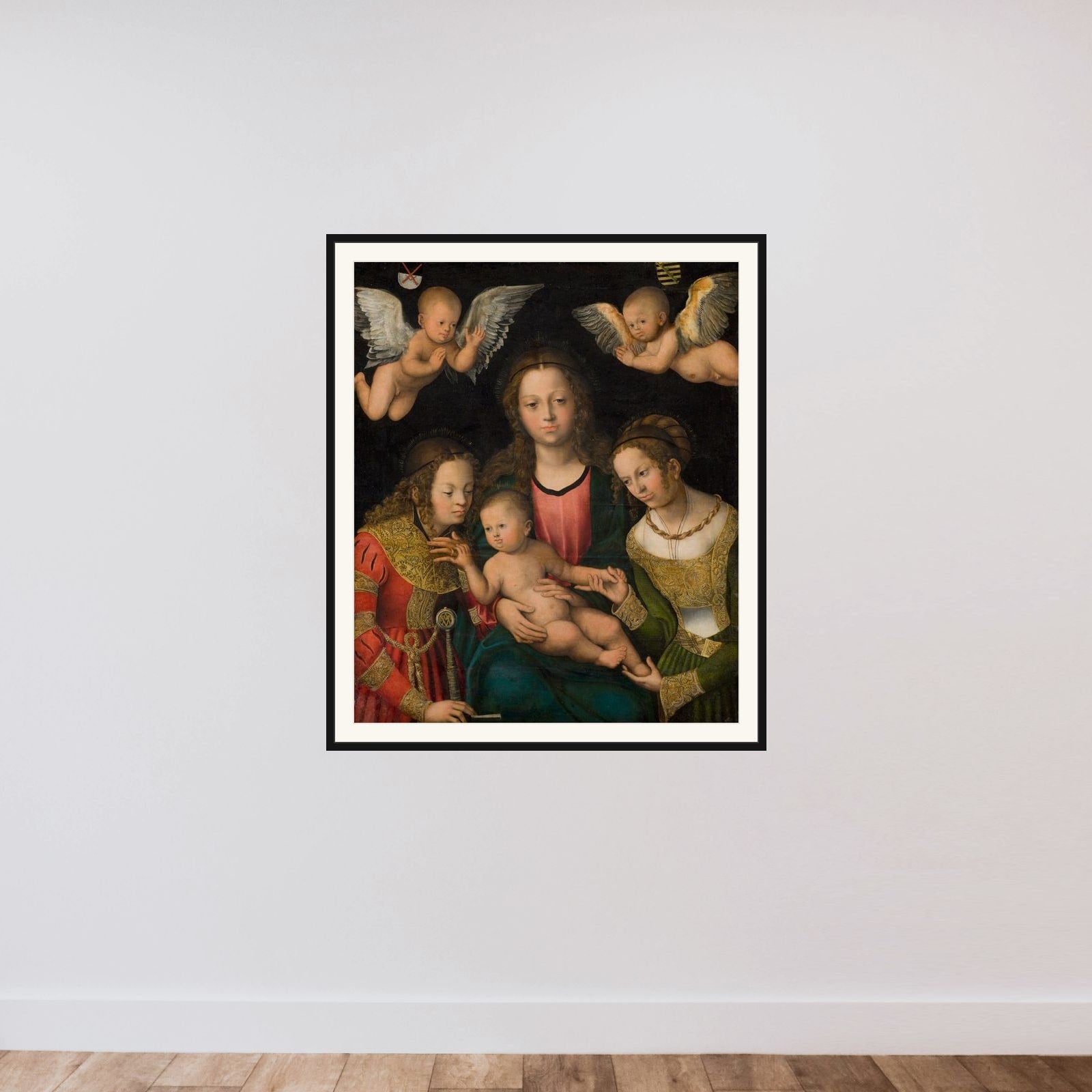 Maria med barnet mellem helgeninderne Katharina og Barbara framed — shown to scale
