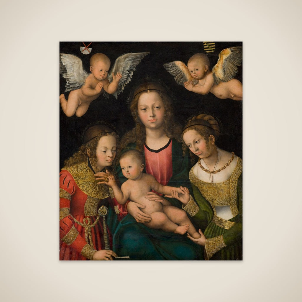 Maria med barnet mellem helgeninderne Katharina og Barbara unframed print