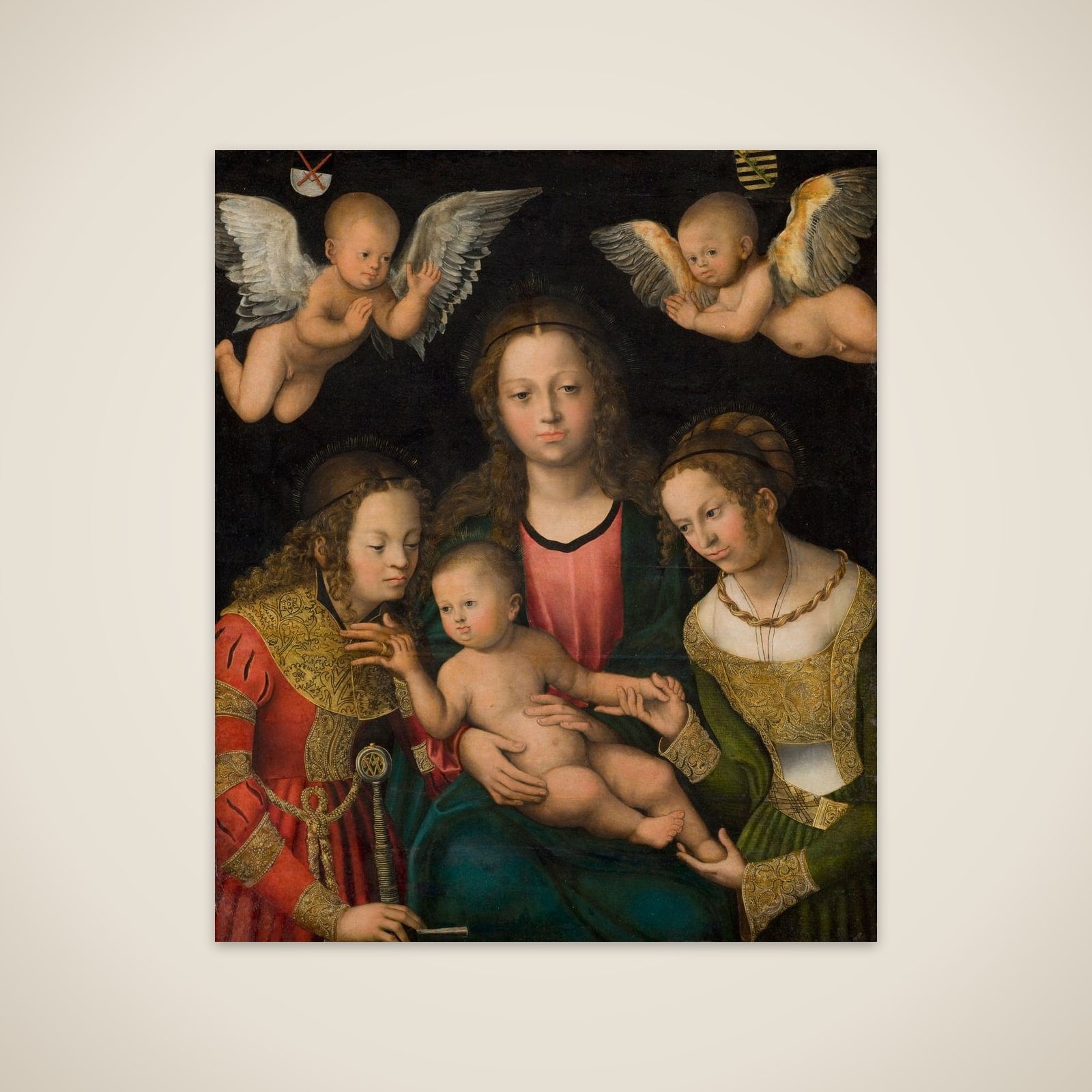 Maria med barnet mellem helgeninderne Katharina og Barbara unframed print