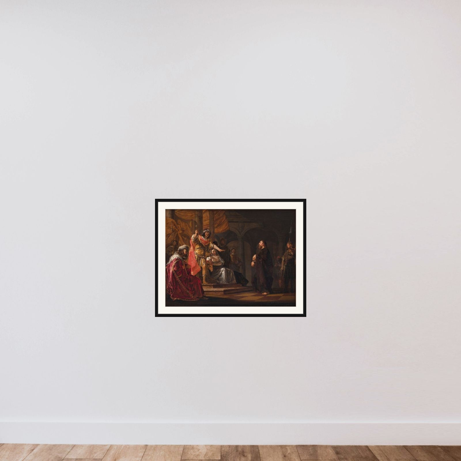 Apostlen Paulus forsvarer sig over for Festus og Agrippa ved rettergangen i Kæsarea framed — shown to scale