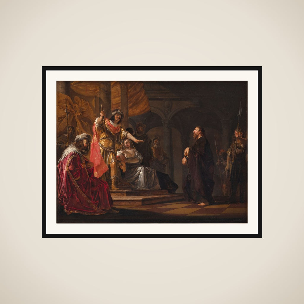 Apostlen Paulus forsvarer sig over for Festus og Agrippa ved rettergangen i Kæsarea framed