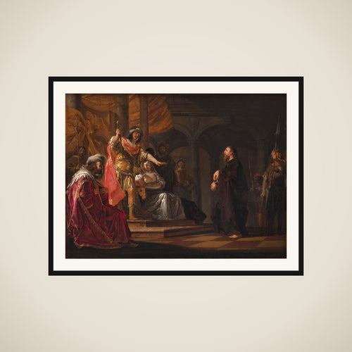 Apostlen Paulus forsvarer sig over for Festus og Agrippa ved rettergangen i Kæsarea framed