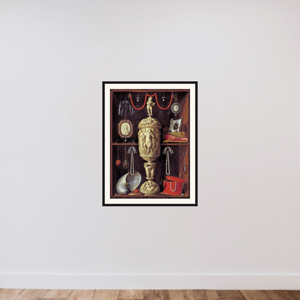 Kunstkammerskab med elfenbenspokal framed — shown to scale