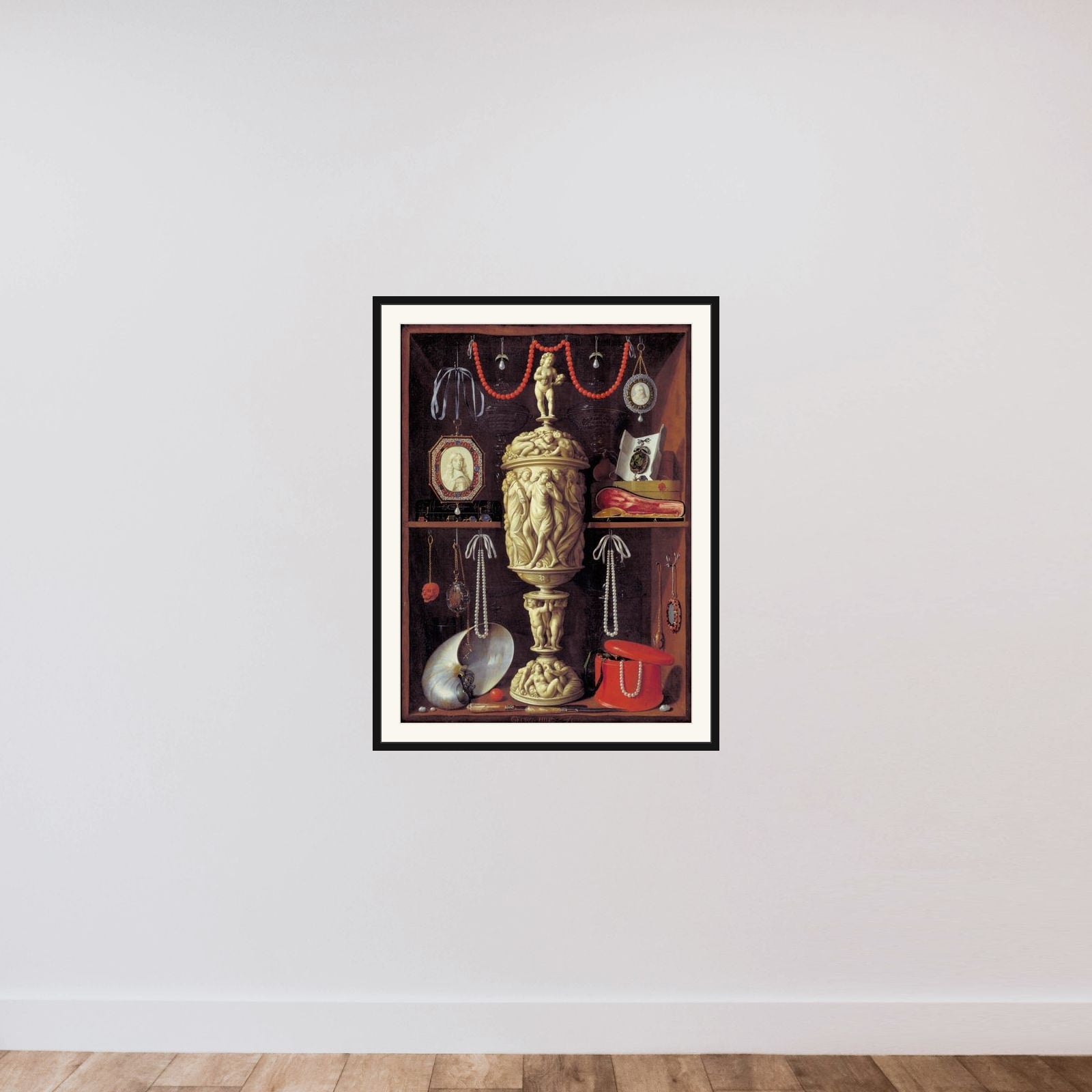 Kunstkammerskab med elfenbenspokal framed — shown to scale