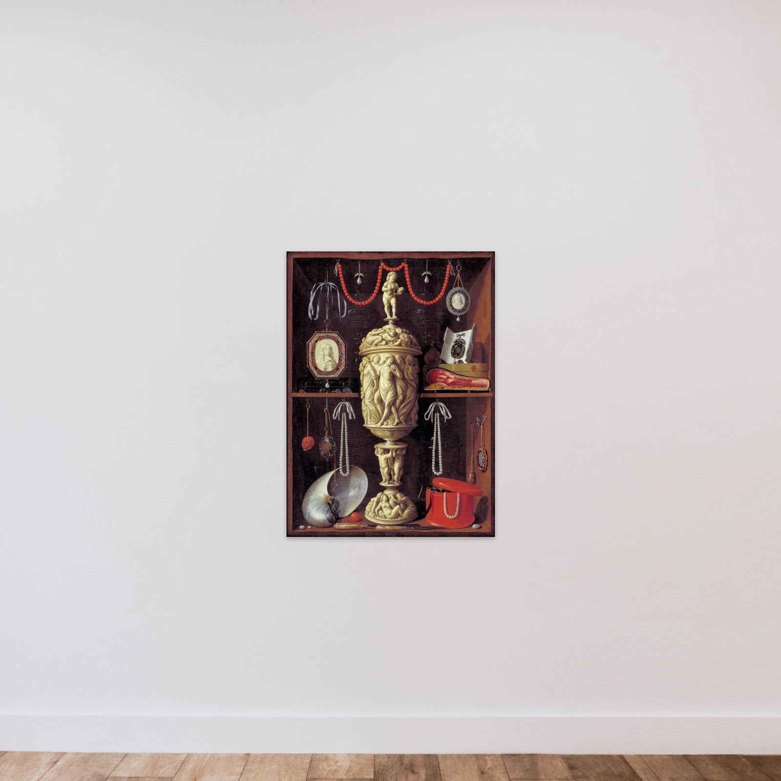 Kunstkammerskab med elfenbenspokal unframed — shown to scale