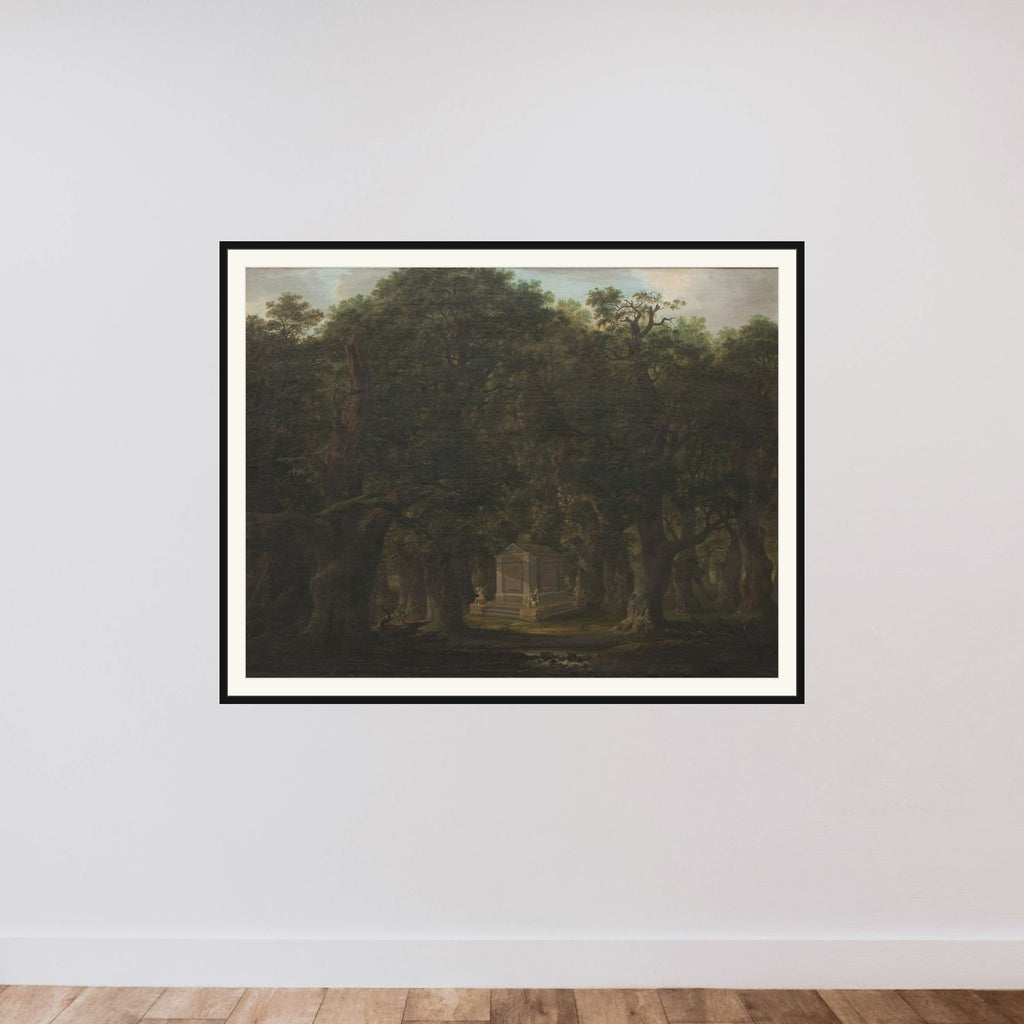 Et monument i en egeskov framed — shown to scale