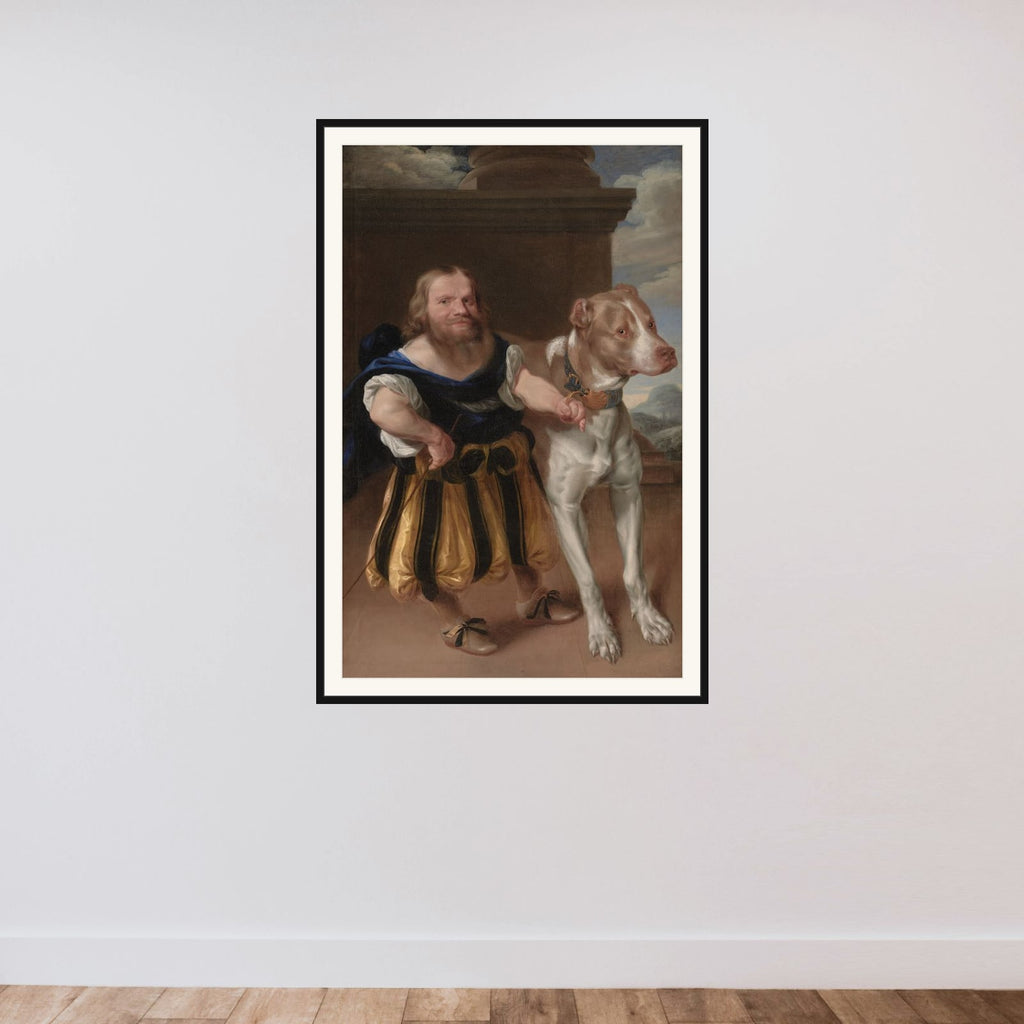 Kurfyrsten af Sachsens italienske dværg Giacomo Favorchi med prinsesse Magdalene Sibylles hund, Raro framed — shown to scale