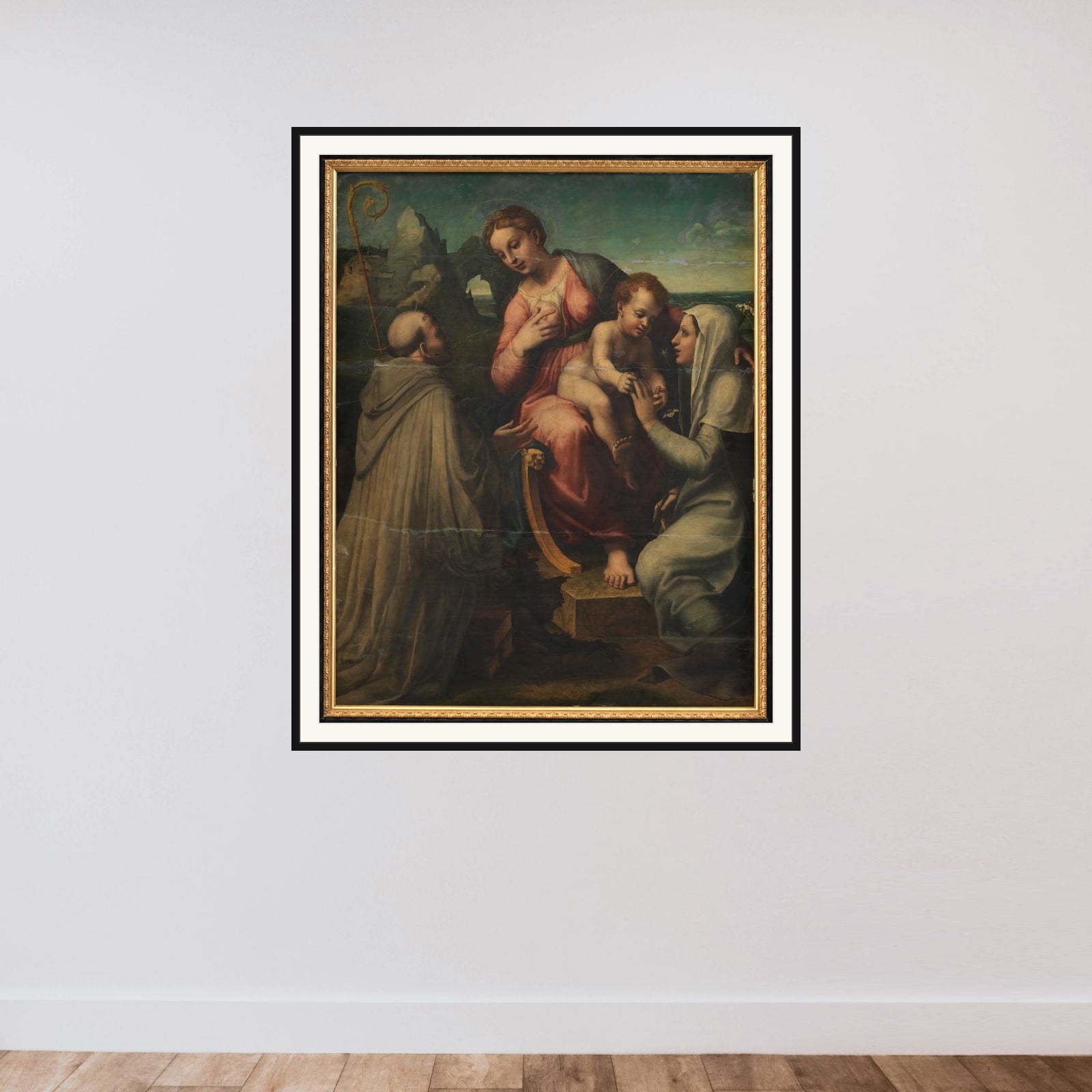 Madonna med Barnet mellem helgener framed — shown to scale