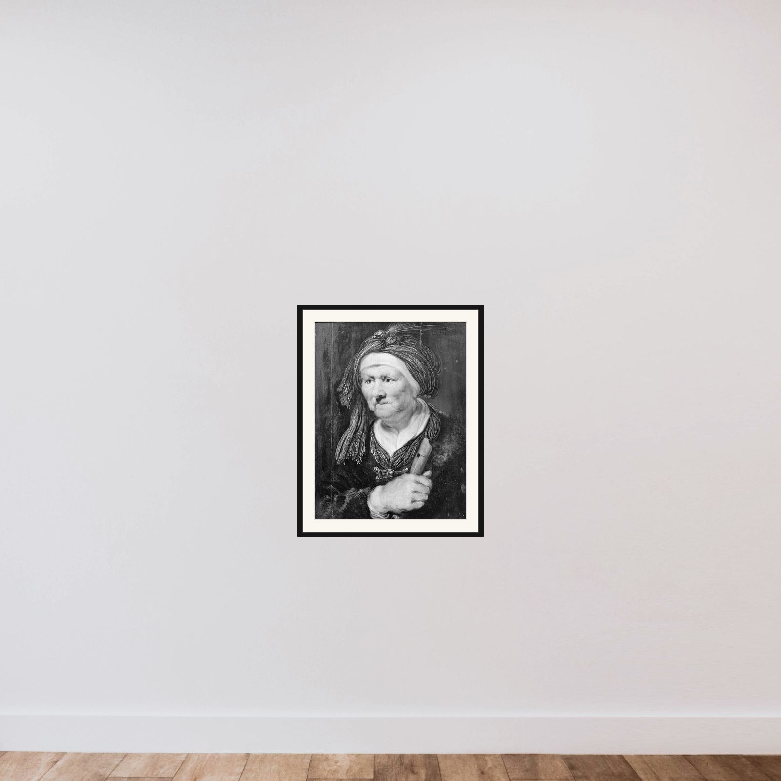 En gammel kone. Allegorisk fremstilling af hørelsen framed — shown to scale