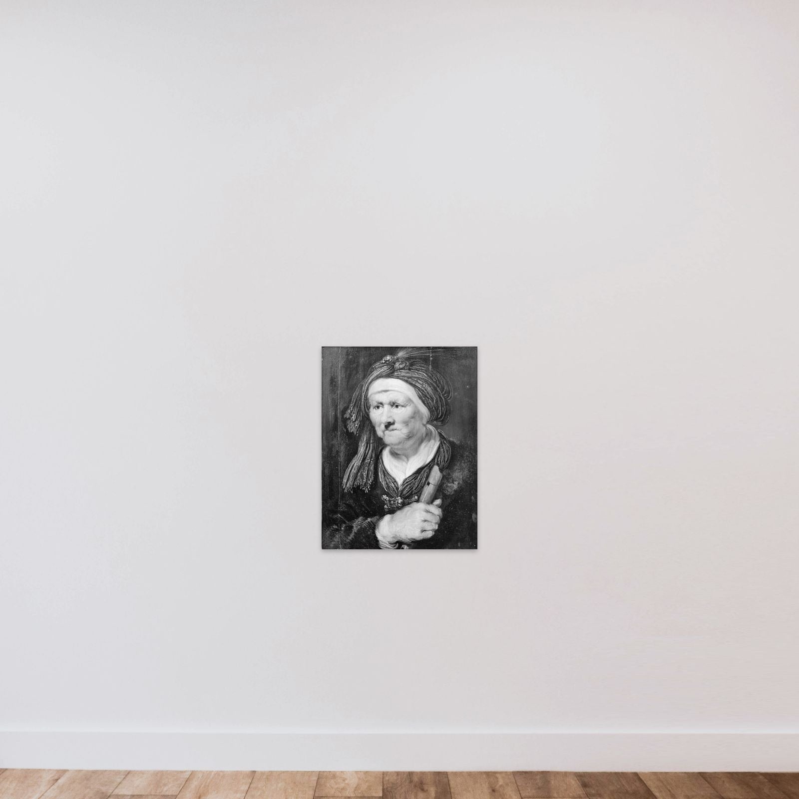 En gammel kone. Allegorisk fremstilling af hørelsen unframed — shown to scale
