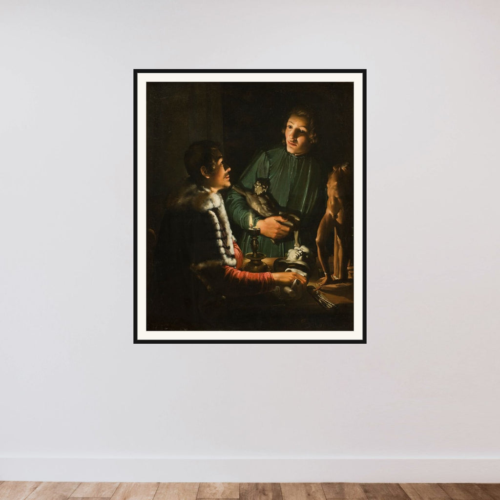 To billedhuggere ved nattetid. Francois Duquesnoy og Georg Petel framed — shown to scale