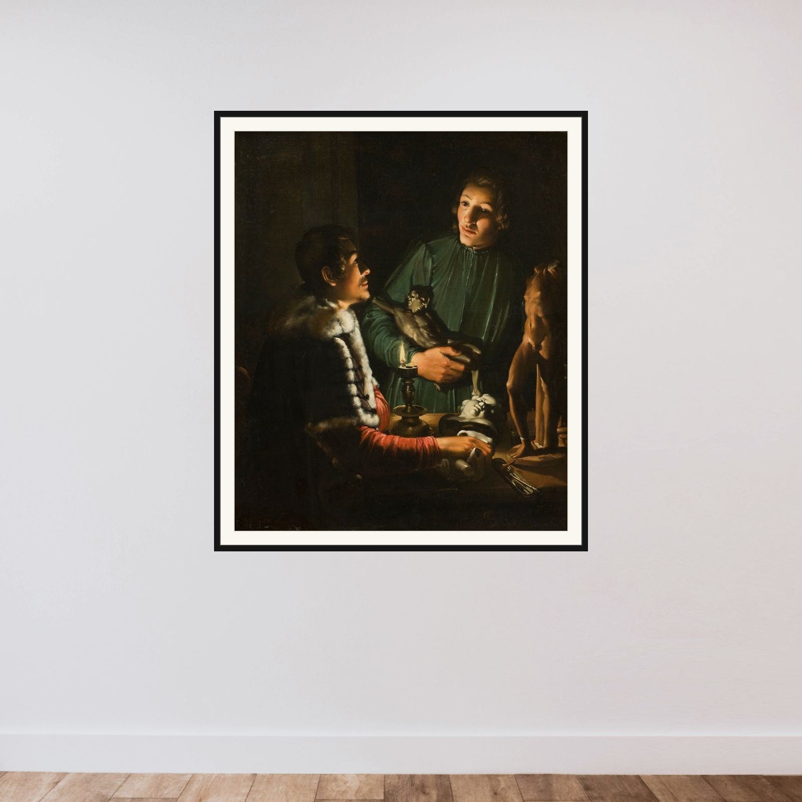 To billedhuggere ved nattetid. Francois Duquesnoy og Georg Petel framed — shown to scale