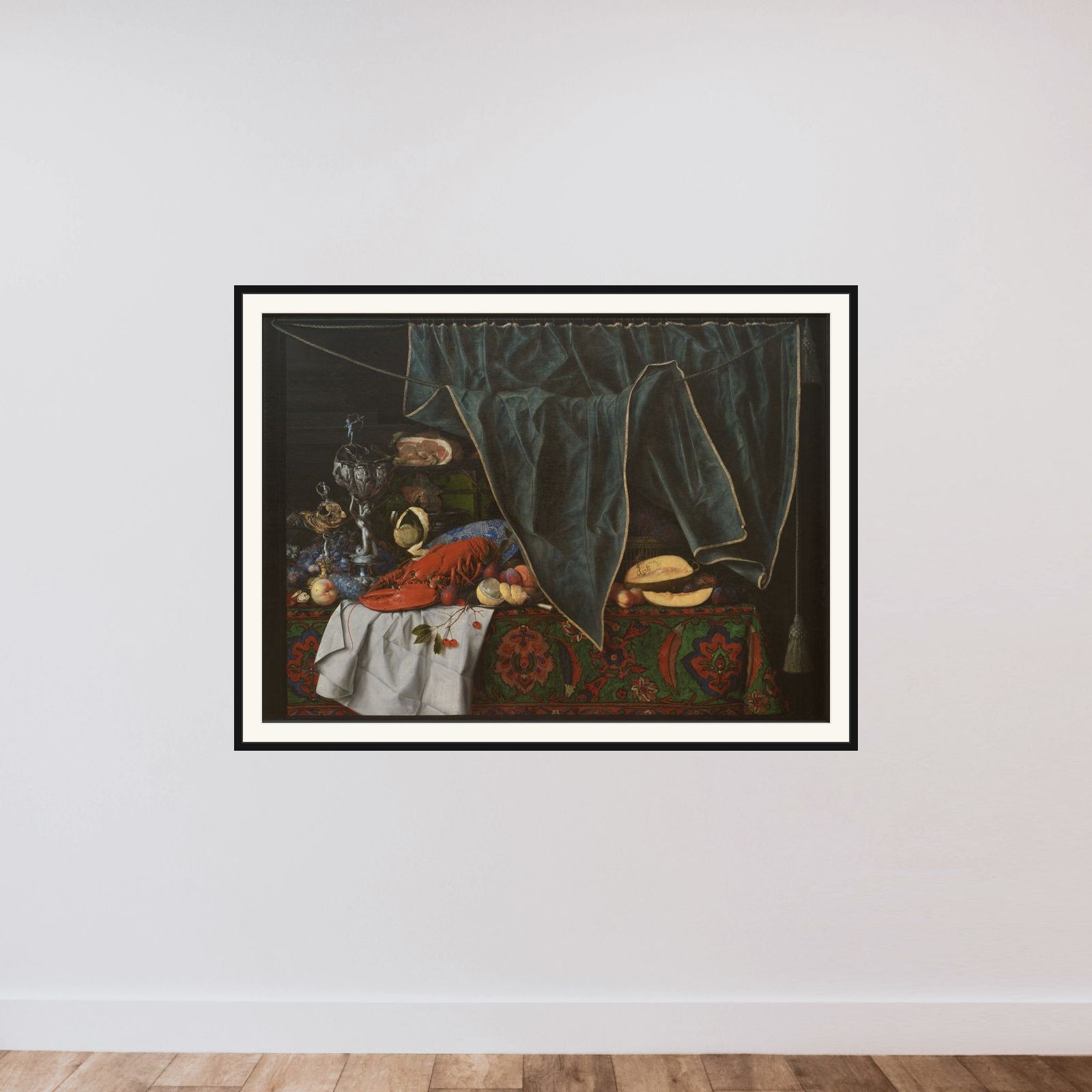 Trompe l'oeil med måltidsstykke med pragtkar framed — shown to scale