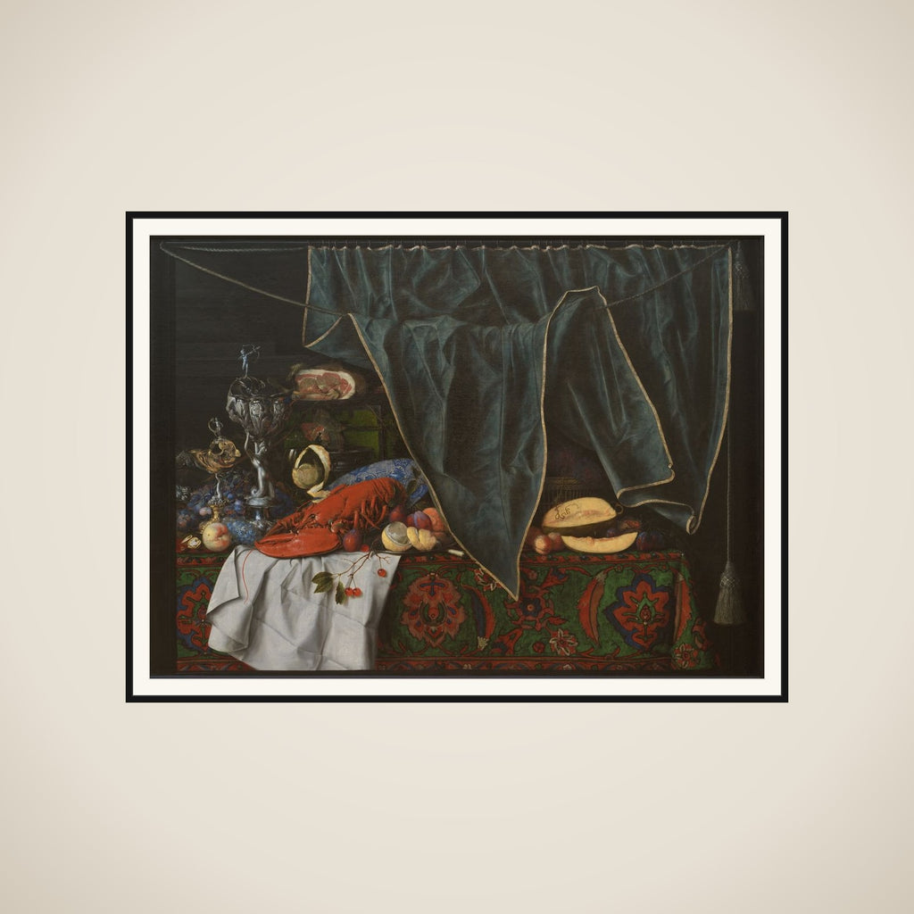 Trompe l'oeil med måltidsstykke med pragtkar framed