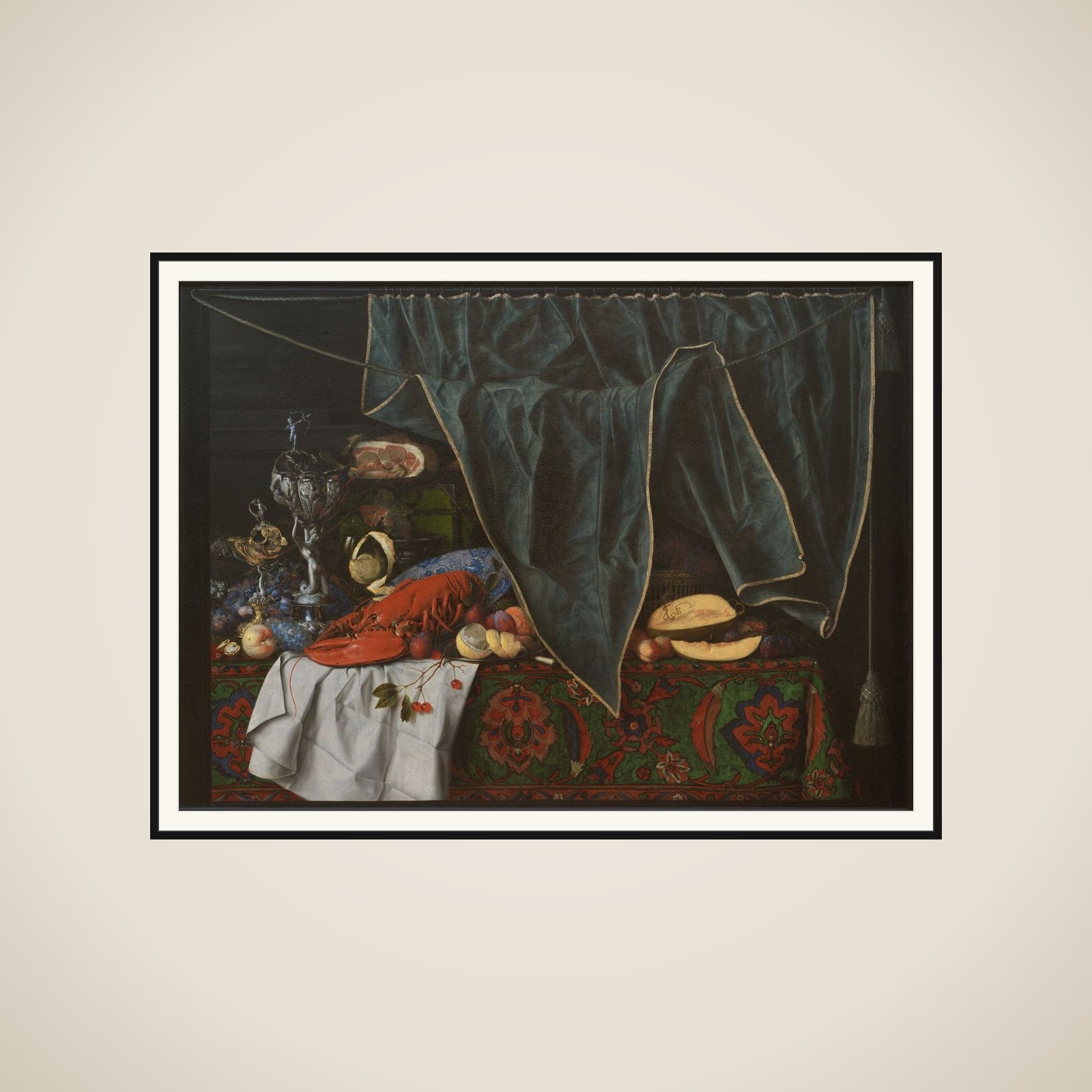 Trompe l'oeil med måltidsstykke med pragtkar framed