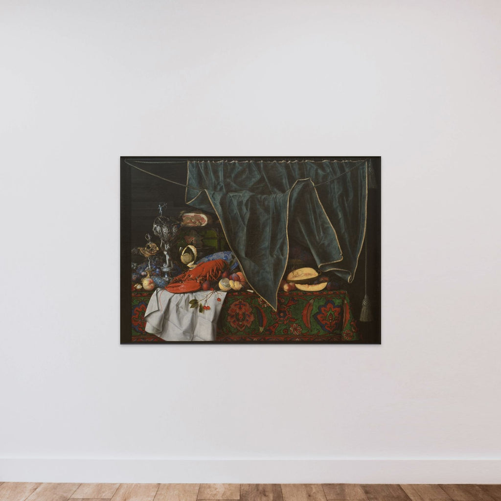 Trompe l'oeil med måltidsstykke med pragtkar unframed — shown to scale