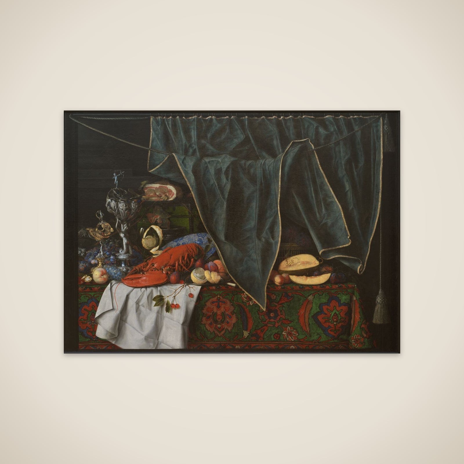 Trompe l'oeil med måltidsstykke med pragtkar unframed print