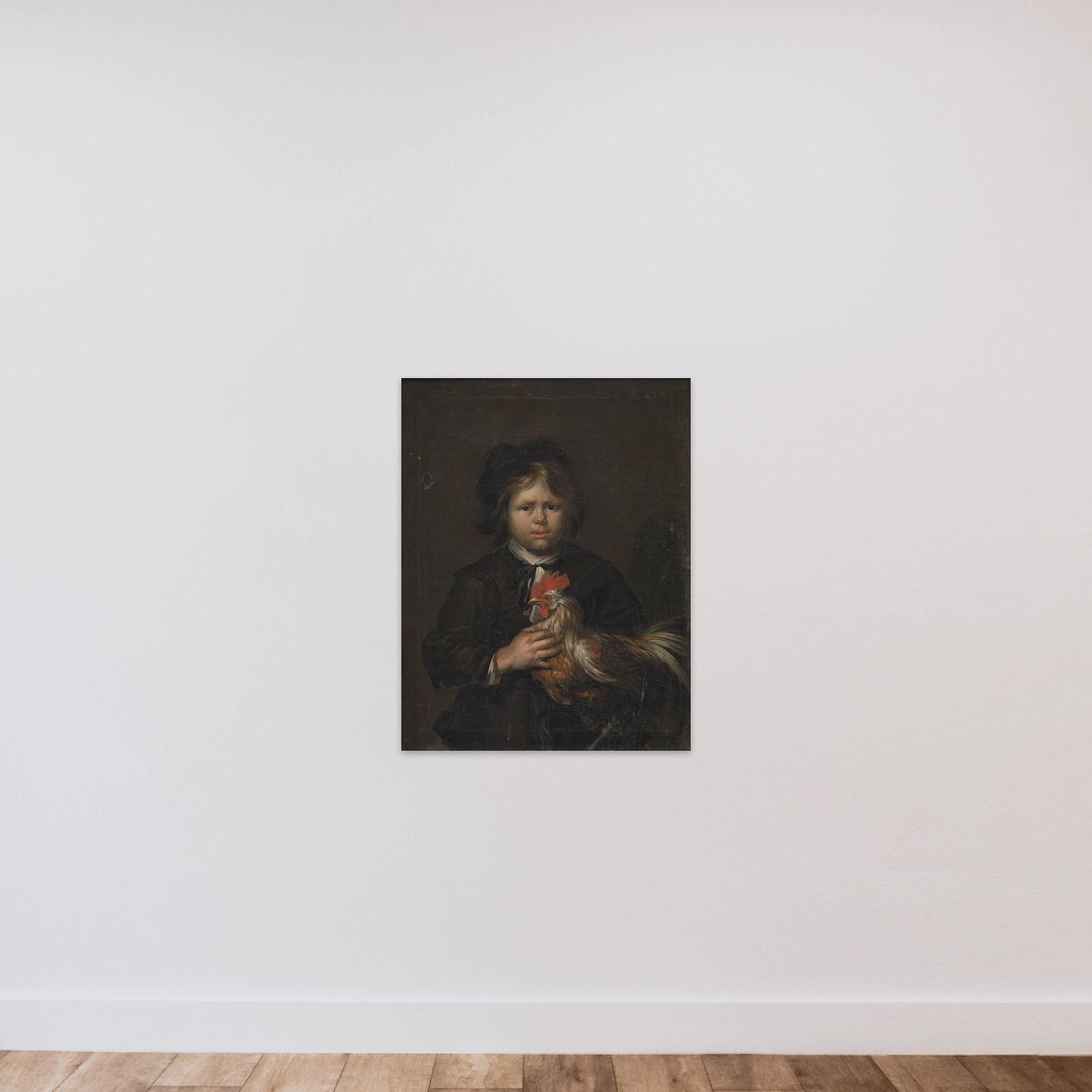 En bondedreng med en hane unframed — shown to scale
