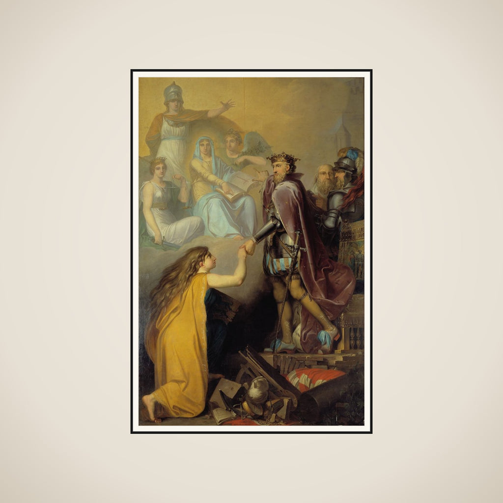 Christian III ophjælper Danmark. Allegori framed