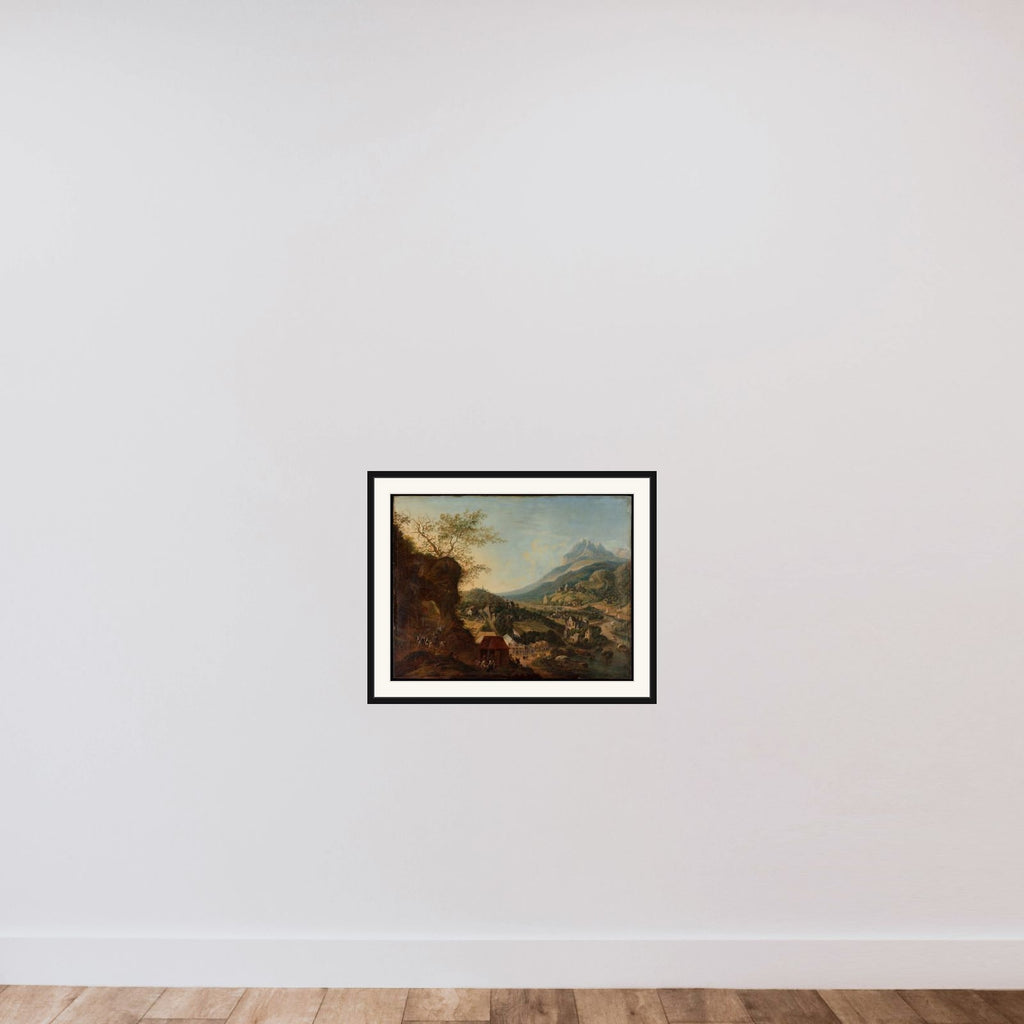 Bjerglandskab med en flod framed — shown to scale