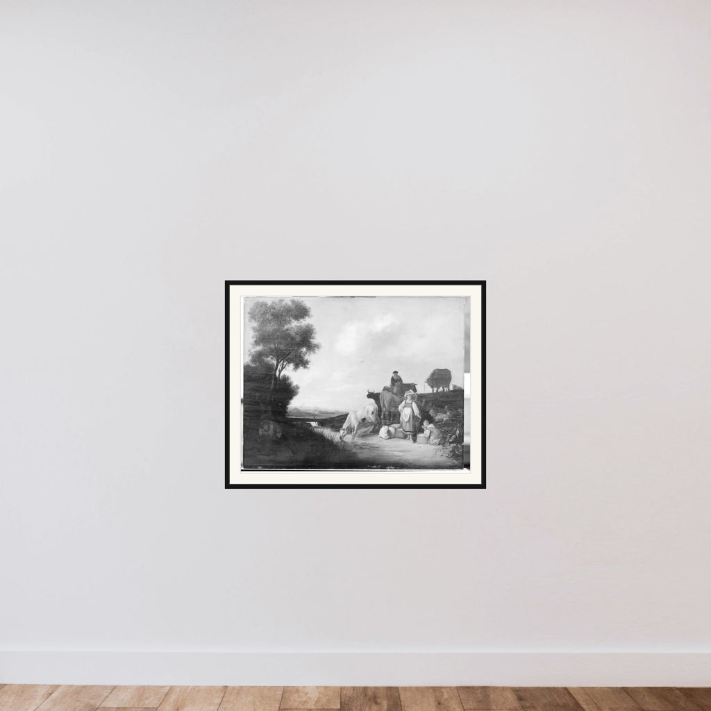 Kvæg ved vandingsstedet framed — shown to scale