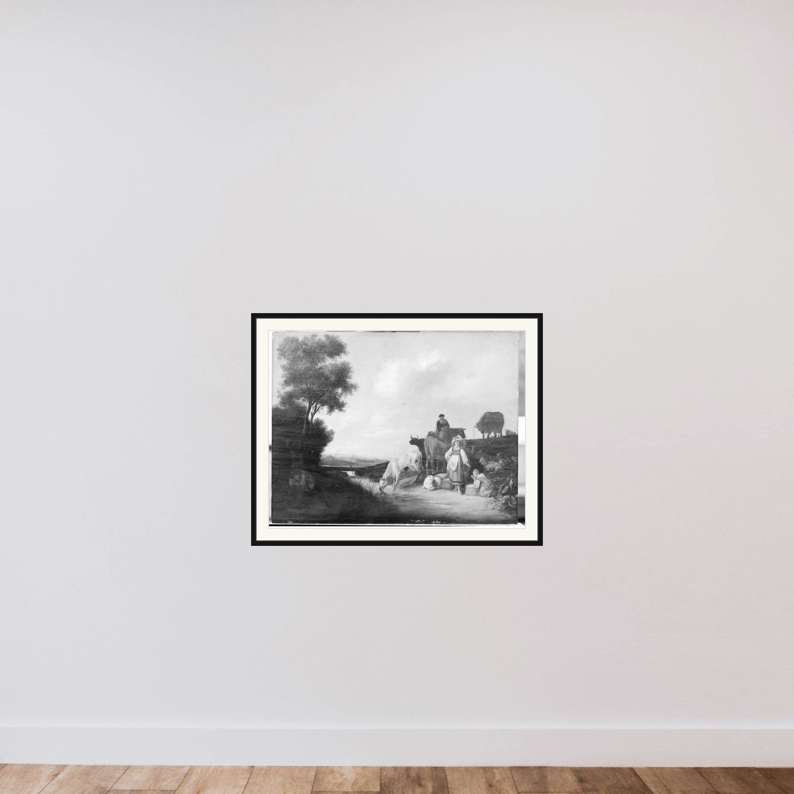 Kvæg ved vandingsstedet framed — shown to scale