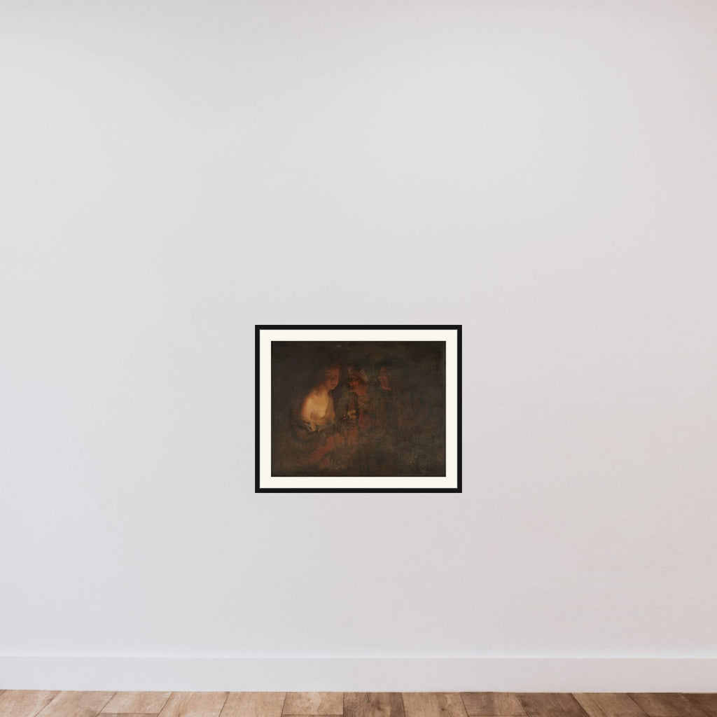 Ung pige med lysestage, gammel kone, samt violinspiller framed — shown to scale