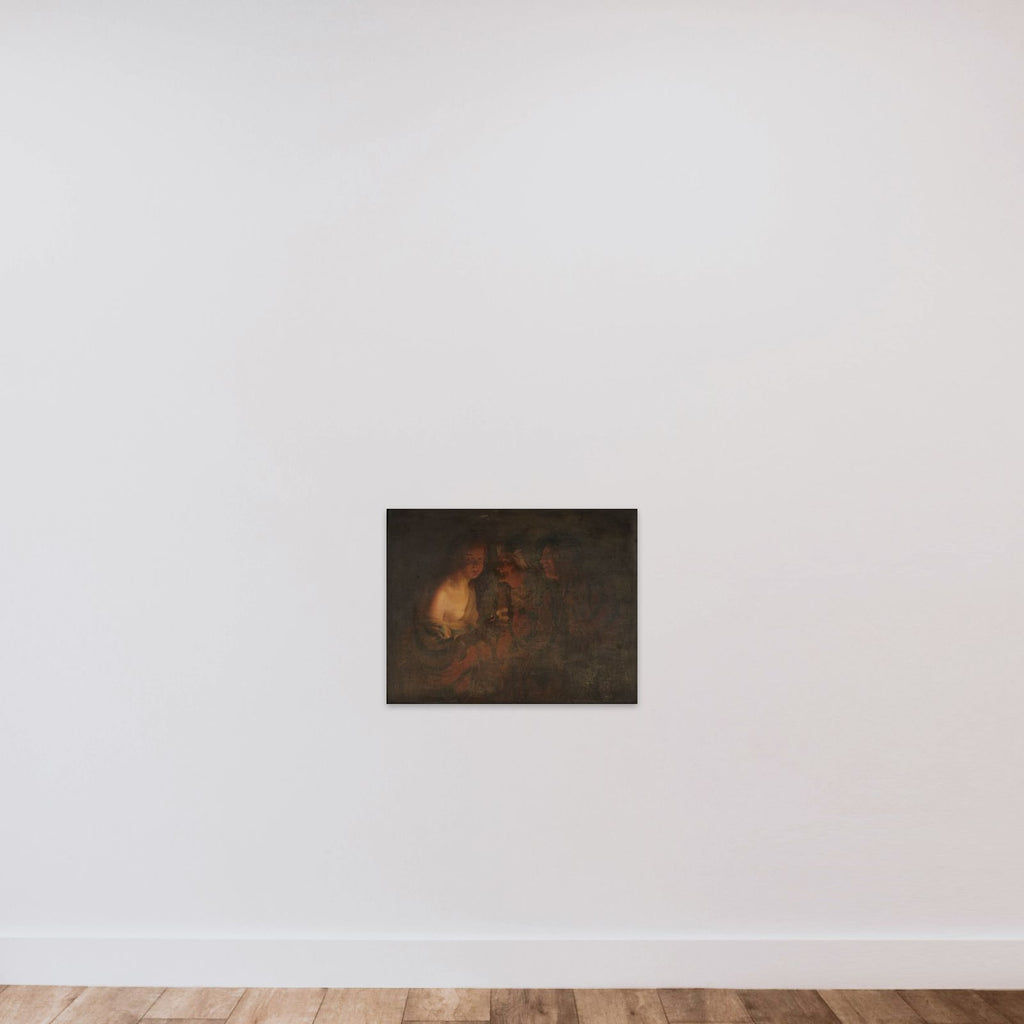 Ung pige med lysestage, gammel kone, samt violinspiller unframed — shown to scale