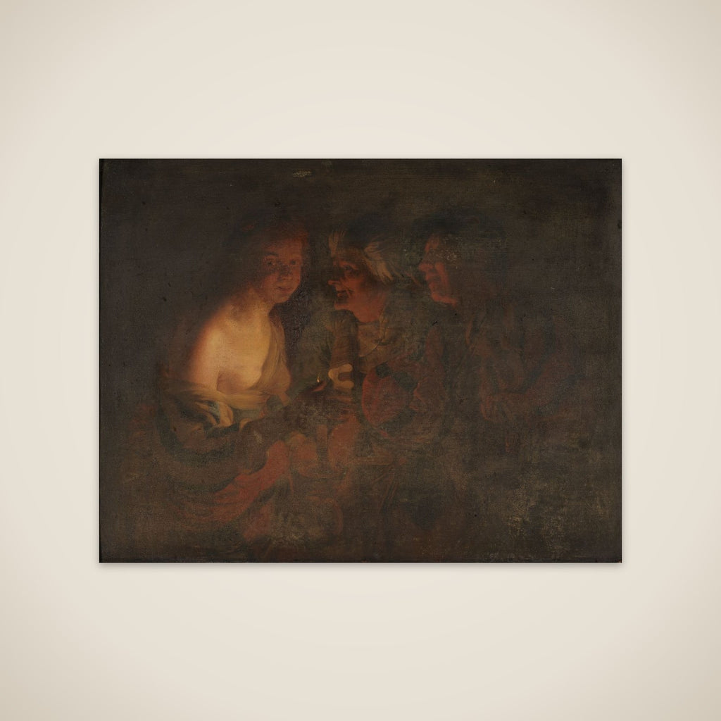 Ung pige med lysestage, gammel kone, samt violinspiller unframed print