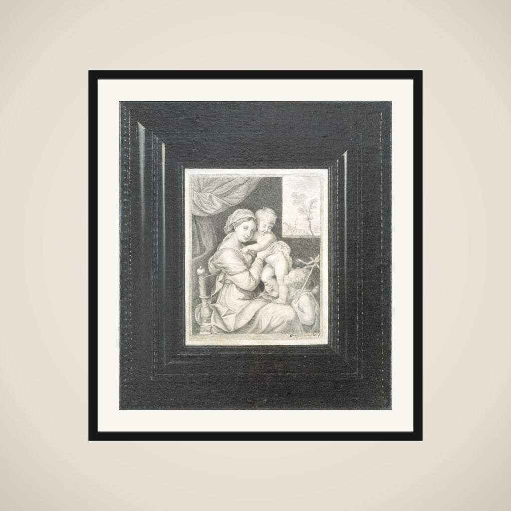 Trompe l'oeil af et indrammet kobberstik af Maria med Barnet framed