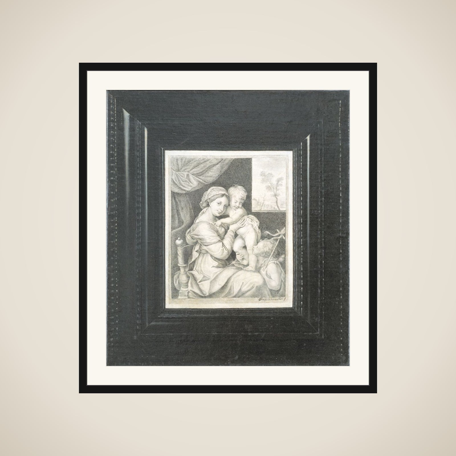 Trompe l'oeil af et indrammet kobberstik af Maria med Barnet framed