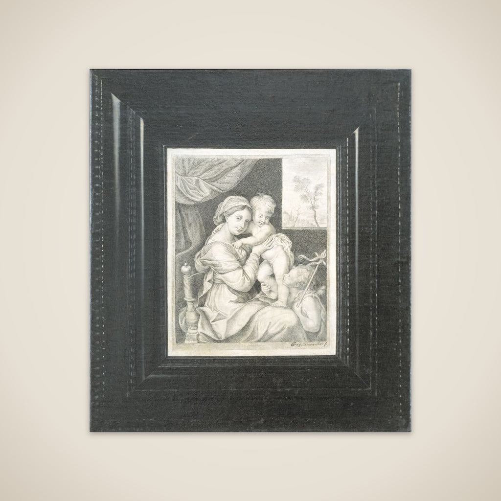 Trompe l'oeil af et indrammet kobberstik af Maria med Barnet unframed print