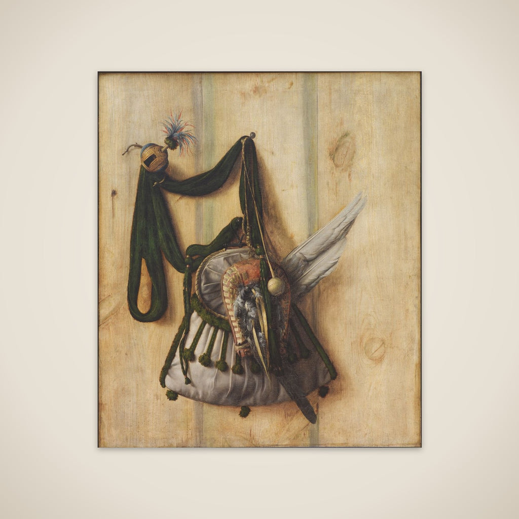 Trompe l'oeil med falkonértaske og andet udstyr til falkejagt unframed print