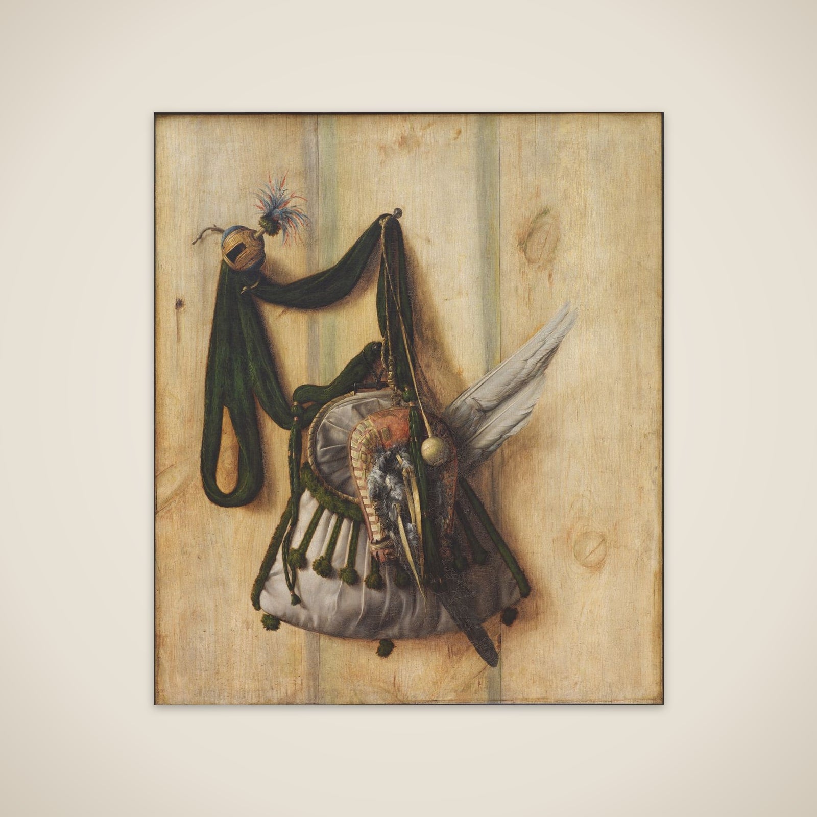 Trompe l'oeil med falkonértaske og andet udstyr til falkejagt unframed print