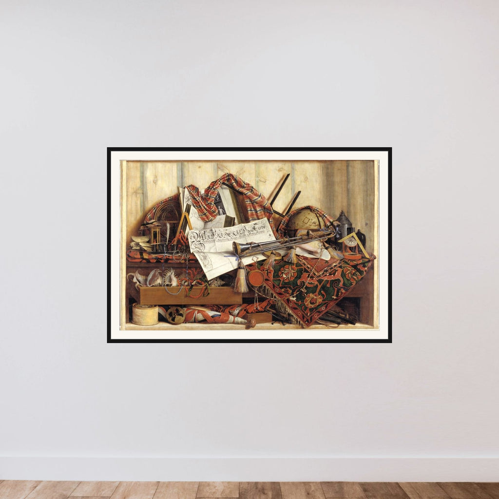 Trompe l'oeil med trompet, himmelglobus og Frederik III's proklamation framed — shown to scale