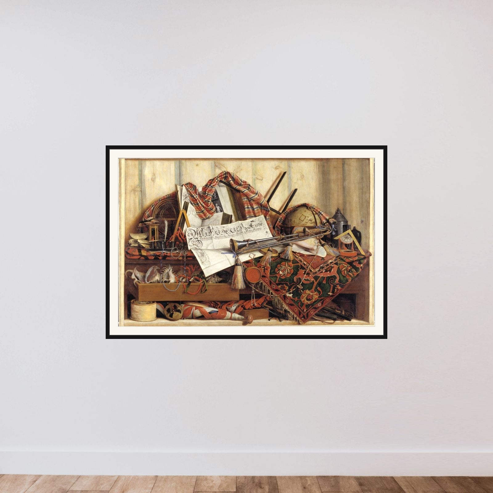 Trompe l'oeil med trompet, himmelglobus og Frederik III's proklamation framed — shown to scale