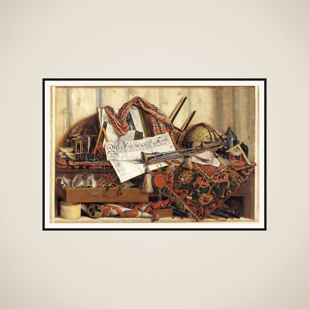 Trompe l'oeil med trompet, himmelglobus og Frederik III's proklamation framed