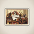 Trompe l'oeil med trompet, himmelglobus og Frederik III's proklamation framed