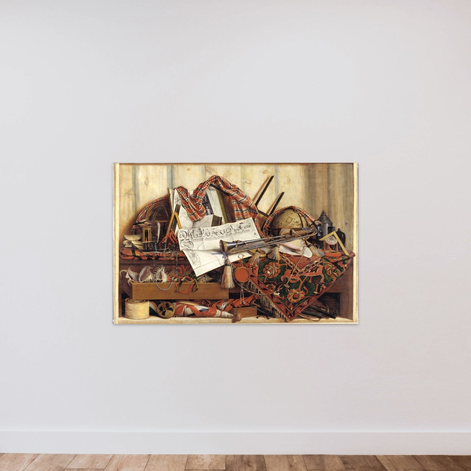 Trompe l'oeil med trompet, himmelglobus og Frederik III's proklamation unframed — shown to scale