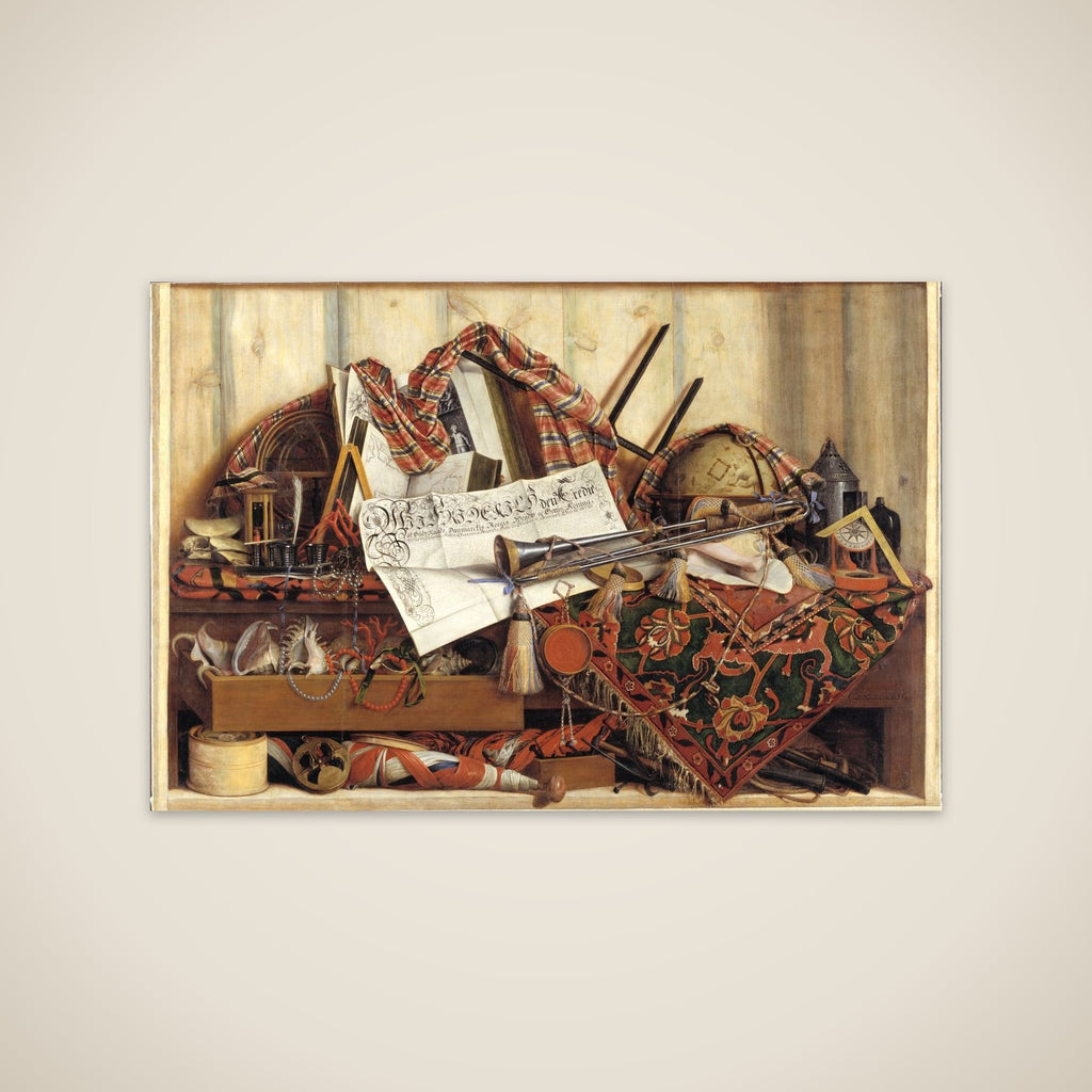 Trompe l'oeil med trompet, himmelglobus og Frederik III's proklamation unframed print