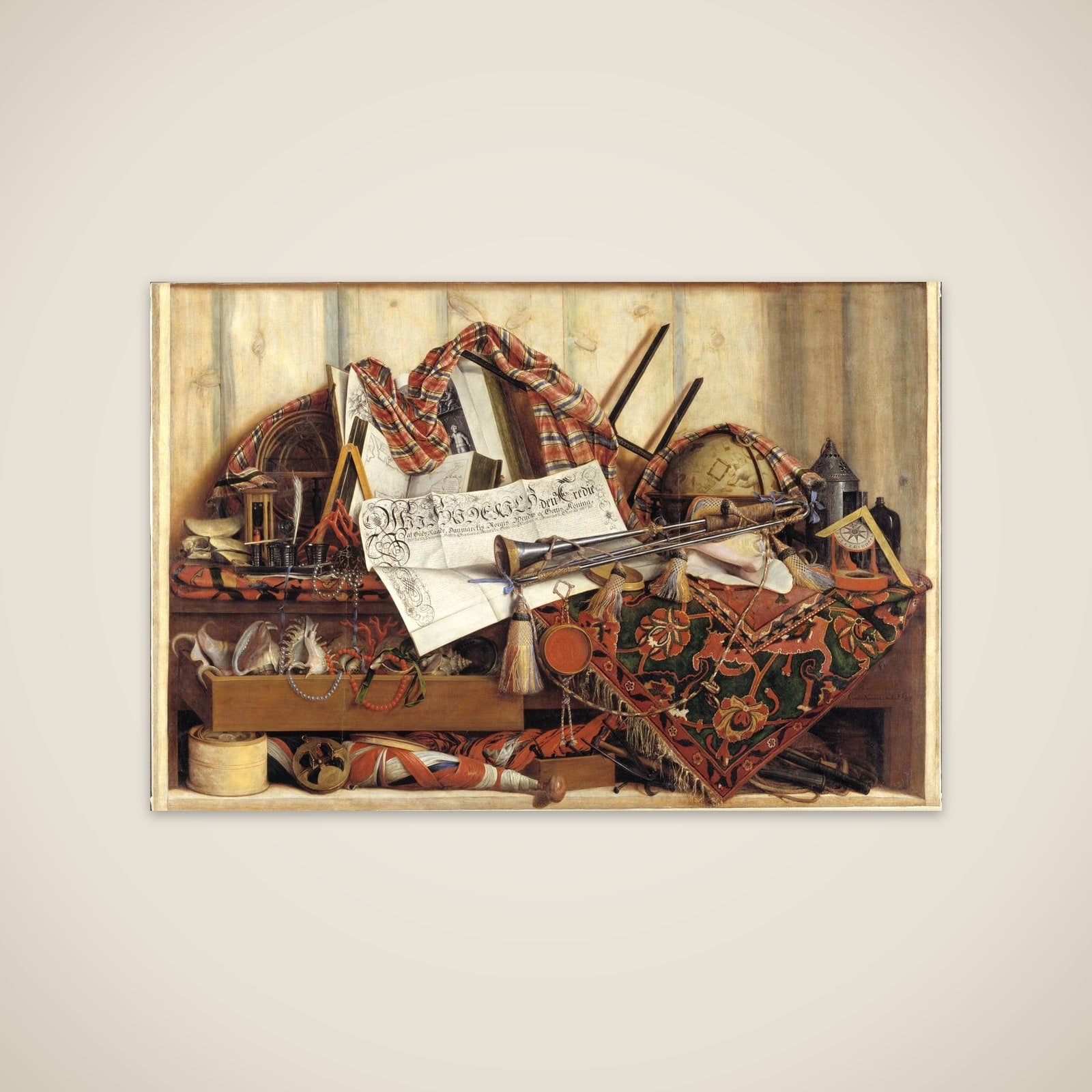 Trompe l'oeil med trompet, himmelglobus og Frederik III's proklamation unframed print