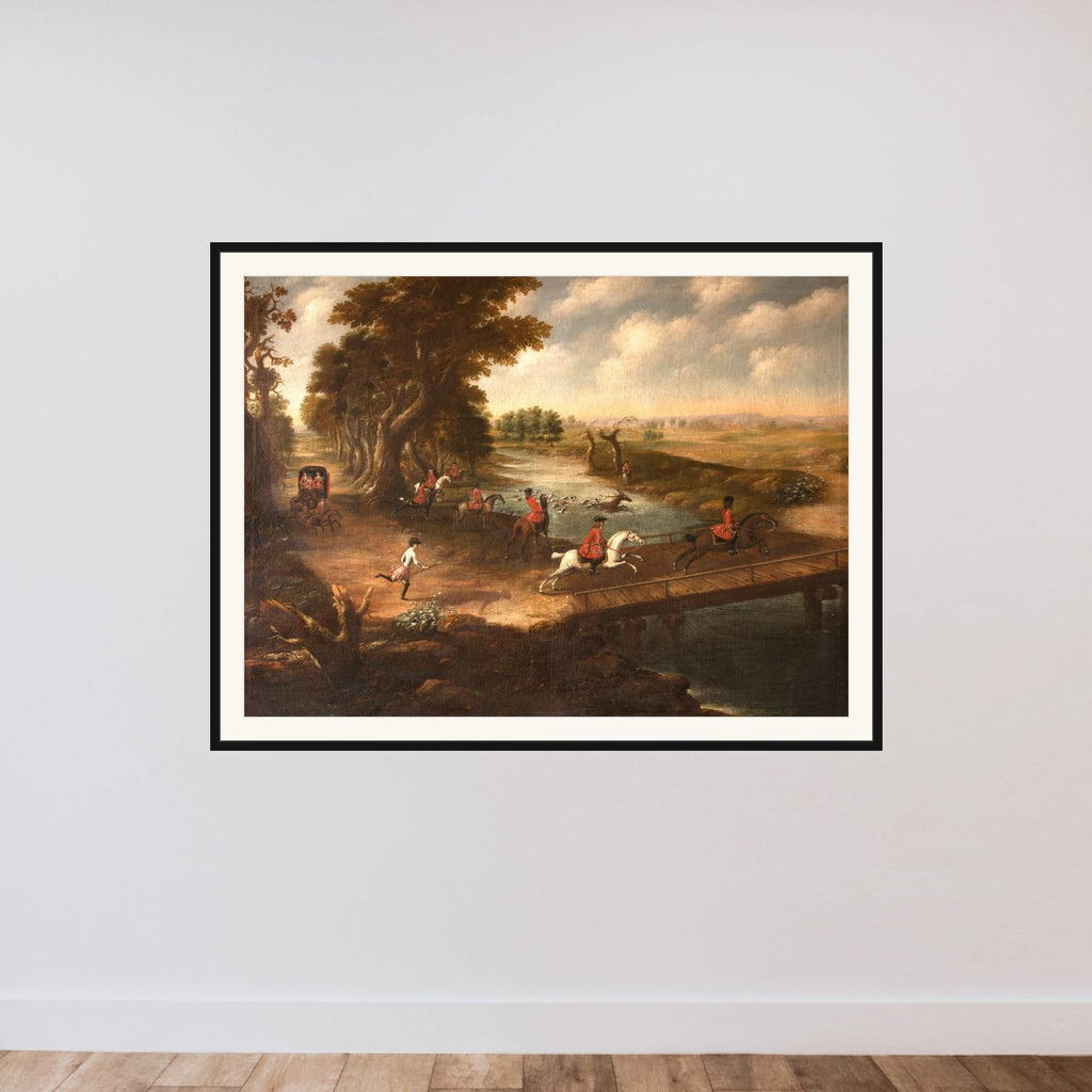 En jagt af kongelige personer framed — shown to scale